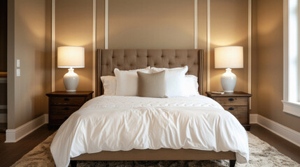 Cozy bedroom interior design. Modern light house or hotel room with comfortable large king size bed, luxury linen and stylish trendy minimal or classic decor background. Bedroom home furniture shop.