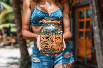 A person holding a jar labeled "vacation fund," emphasizing the goal-oriented approach to saving money for specific purposes.