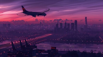 Night silhouette of a commercial passenger plane over a modern city. - obrazy, fototapety, plakaty