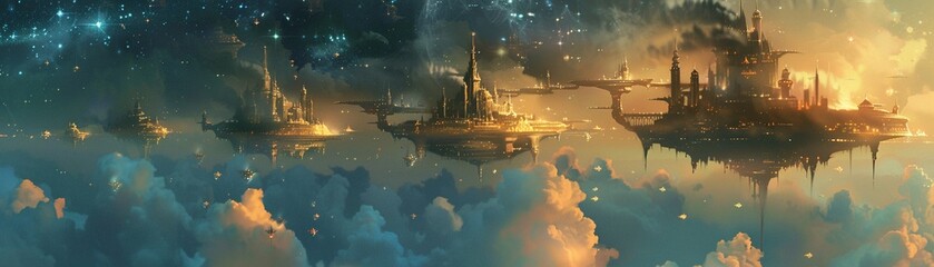 Dreamlike journey to ethereal realms with castles floating among the stars