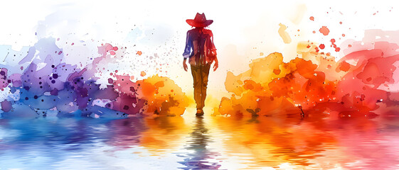 A lone person with a red hat walks into a sunset, depicted in bright, abstract watercolor splashes - obrazy, fototapety, plakaty