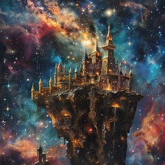 Enchanting galactic journey to a dreamlike castle suspended in the cosmos - obrazy, fototapety, plakaty