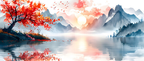 A serene illustration of an autumnal lakeside scene with a vibrant red tree, flock of birds, and misty mountains reflecting on calm water - obrazy, fototapety, plakaty