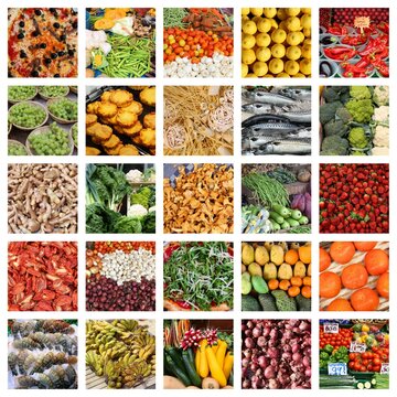 Food image square collage. Many photos of vegetables, fruit and fish. Colorful food squares background.
