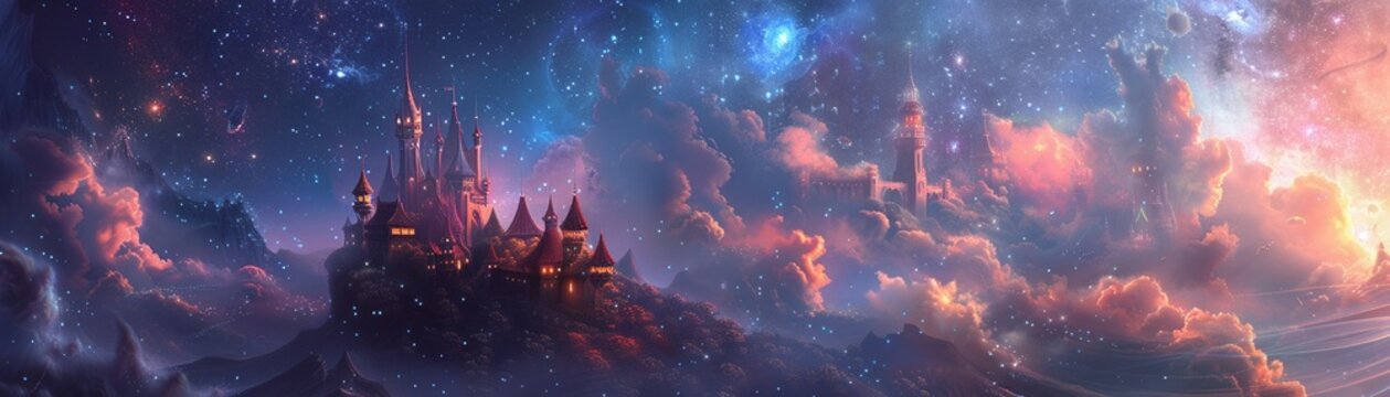 Epic exploration of a dreamlike galaxy where magical castles float among the stars