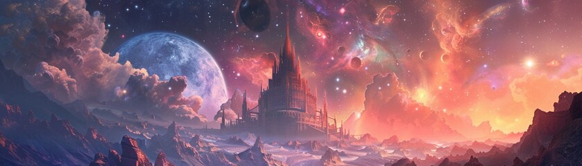 Epic tale of exploring radiant infinity where luxurious castles soar among the stars - obrazy, fototapety, plakaty