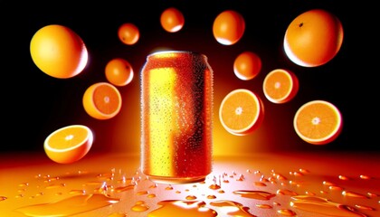 Orange Soft Drink Can Floating in Vibrant Abstract Space - obrazy, fototapety, plakaty