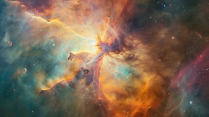 Ethereal journey through a nebula capturing the birth of stars within colorful gas clouds - obrazy, fototapety, plakaty