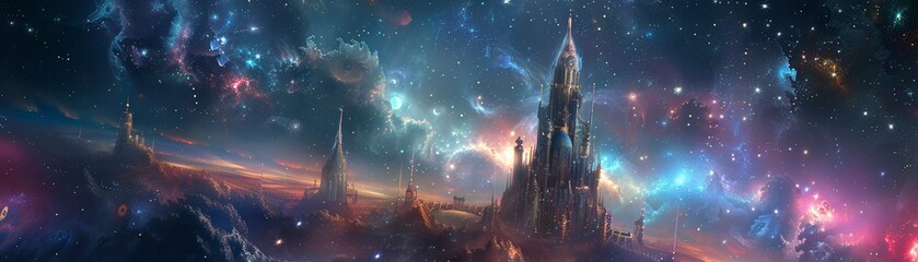Exploration of a dreamlike universe where majestic castles float among cosmic nebulas and starry skies - obrazy, fototapety, plakaty