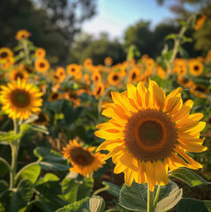 Sunflowers in a beautiful natural setting, sunflower in garden  sunset