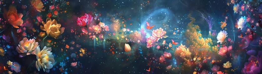 Exploring a secret garden floating in space where celestial flowers bloom with radiant colors - obrazy, fototapety, plakaty