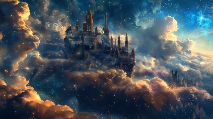 Exploring enchanted celestial castles floating among the cosmos - obrazy, fototapety, plakaty