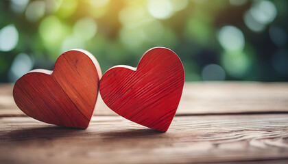 two red wooden hearts symbolizing love and connection on rustic table