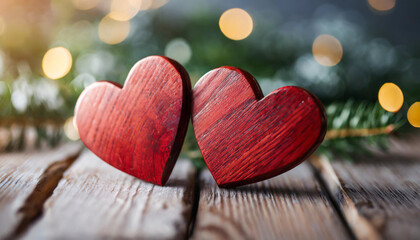 two red wooden hearts symbolizing love and connection on rustic table - obrazy, fototapety, plakaty