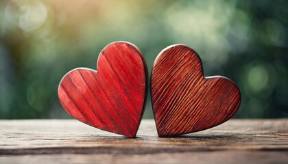 two red wooden hearts symbolizing love and connection on rustic table