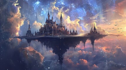Fantasy adventure to enchanted castles floating in a galaxy of dreams - obrazy, fototapety, plakaty