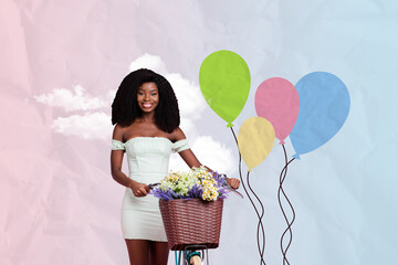 Composite collage image of attractive female cycling flowers celebrate spring international woman...