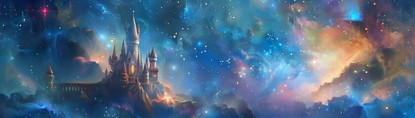 Fototapeta premium Floating through a magical universe a castle offers unparalleled views of the cosmos