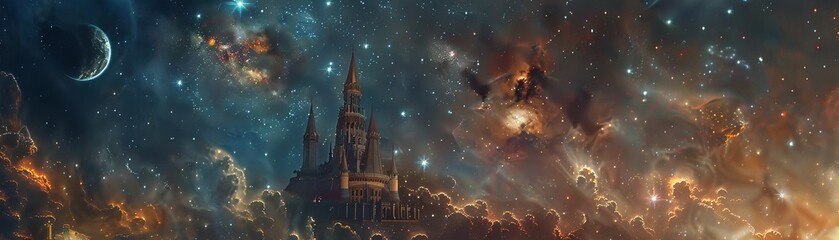 Floating through a magical universe a castle offers unparalleled views of the cosmos - obrazy, fototapety, plakaty