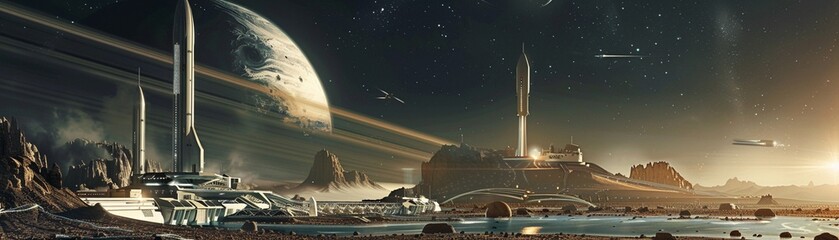 Futuristic spaceport visualization launching missions to explore and colonize the solar system - obrazy, fototapety, plakaty