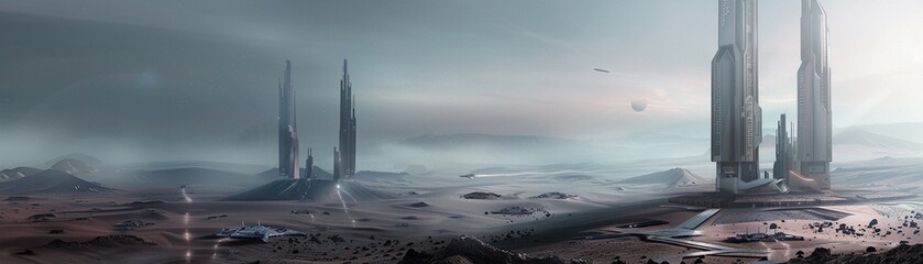 Futuristic spaceport visualization launching missions to explore and colonize the solar system