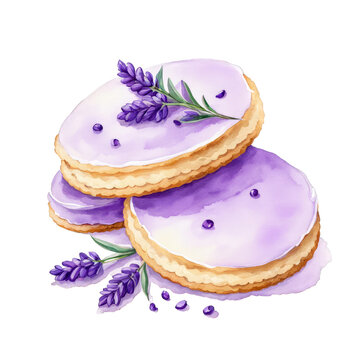 recommend clip art: Lavender shortbread cookies watercolor illustration, with fragrant lavender buds, lavender cookies stacks, breakfast, snack clipart, cutout on white background, biscuits cookie