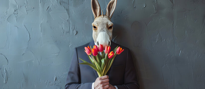 Man in suit wearing a donkey mask holding tulips against a grey wall backdrop, advertising entertainment and fun celebration.