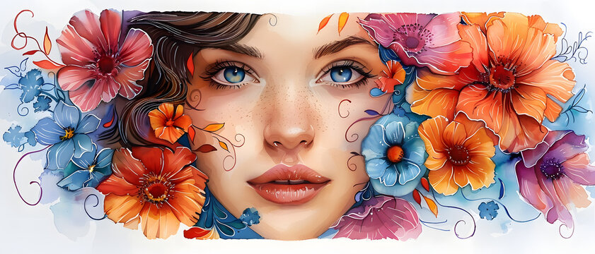 A digital painting showcasing a portrait of a woman surrounded by lush, vibrant flowers, implying natural beauty and harmony