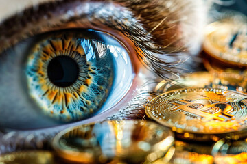 Bitcoin. Eyes of a person with the logo money and bitcoin - obrazy, fototapety, plakaty