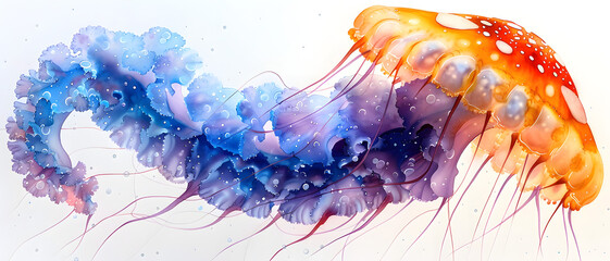 Mesmerizing image depicting blue and orange jellyfish, evoking mystery of the ocean depths and marine life
