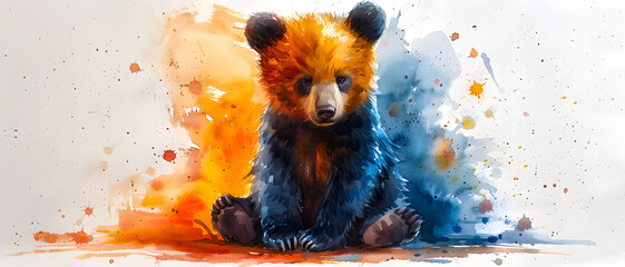 A striking watercolor representation of a bear cub infusing rich colors with spontaneity, symbolizing innocence and exploration