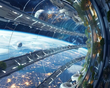 Imaginary space habitat orbiting Earth showcasing futuristic life in zero gravity
