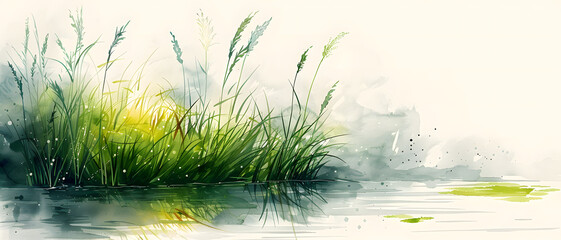 An evocative watercolor painting depicting a calm wetland with tall grasses and reflective water at sunrise