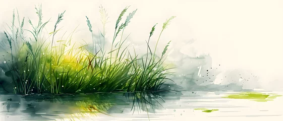 Foto op Plexiglas An evocative watercolor painting depicting a calm wetland with tall grasses and reflective water at sunrise © Janina