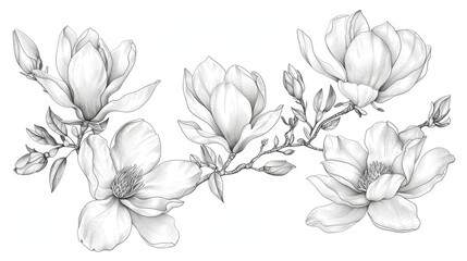 With line-art on white backgrounds, I have drawn and sketched magnolia flowers.