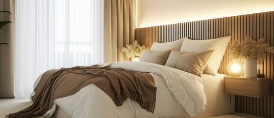 Cozy bedroom interior design. Modern light house or hotel room with comfortable large king size bed, luxury linen and stylish trendy minimal or classic decor background. Bedroom home furniture shop.