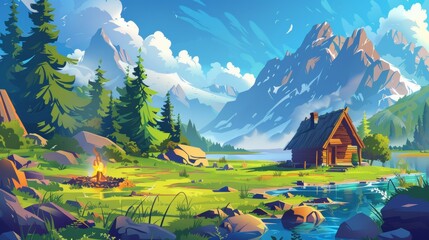 The scenery of a panoramic summer landscape with a wooden hut and campfire on the shore of a lake near rocky mountains. Cartoon modern illustration of a wood cottage near a water pond for outdoor - obrazy, fototapety, plakaty
