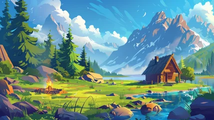 Papier Peint photo Bleu The scenery of a panoramic summer landscape with a wooden hut and campfire on the shore of a lake near rocky mountains. Cartoon modern illustration of a wood cottage near a water pond for outdoor