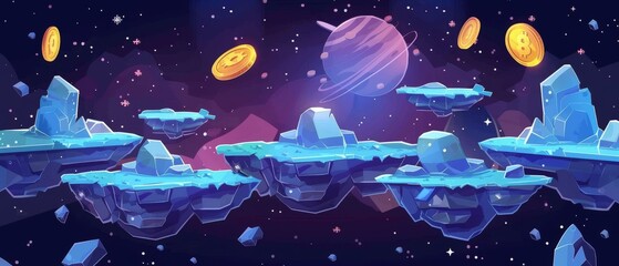 A videogame map showing a floating island with treasure on a flying platform made from rock and ice, with coins to collect on floating islands in outer space. - obrazy, fototapety, plakaty