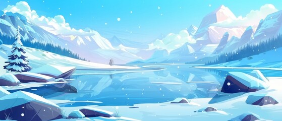 A winter landscape with snow covered ponds and shores, surrounded by high hills, decorated with blue skies and clouds. Backgrounds are cartoon modern panoramic with ponds and shores covered with