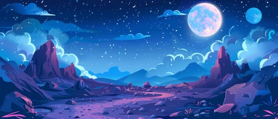 Obraz na płótnie Canvas The path leads to rocky hills under starry skies, with clouds and a full moon illuminated at night. Cartoon modern illustration of dusk with road and rocks under a full moon.