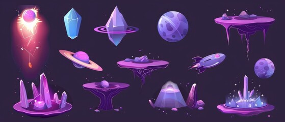 Fototapeta premium Modern illustration kit of floating alien planet ground platform with purple surface, magic portal and explosion effect, gemstone and spaceships.