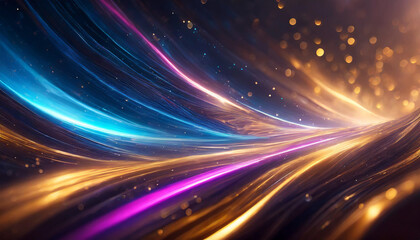 Fototapeta na wymiar Futuristic stock photo featuring dynamic gold, blue, and pink neon lines symbolizing speed and motion
