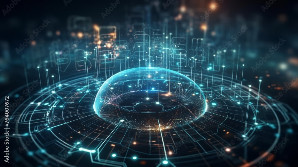 Poster conceptual digital artwork of a glowing sphere within a futuristic network, illustrating themes of c