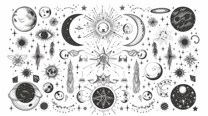 An illustration for flash tattoo, sticker, patch or print design with celestial bodies and magical elements in vintage boho style.