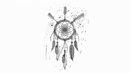 The dreamcatcher with feathers and arrows. Native American Indian talisman. Modern handdrawn illustration isolated on white background. Boho design, tattoo art, adult coloring book. - obrazy, fototapety, plakaty