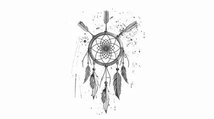 Papier Peint photo autocollant Style bohème The dreamcatcher with feathers and arrows. Native American Indian talisman. Modern handdrawn illustration isolated on white background. Boho design, tattoo art, adult coloring book.