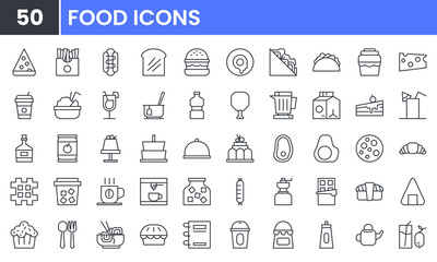 Food vector line icon set. Contain linear outline icons like Cake, Dessert, Seafood, Fast Food, Tea, Coffee, Beverage, Juice, Bakery, Meat, Ice Cream, Donuts, Sandwich. Editable use and stroke.