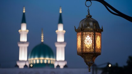 Traditional lantern glows against mosque backdrop, celebrating Eid festivities