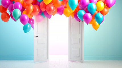 Room with door and colorful balloons. Concept of birthday, holiday background.